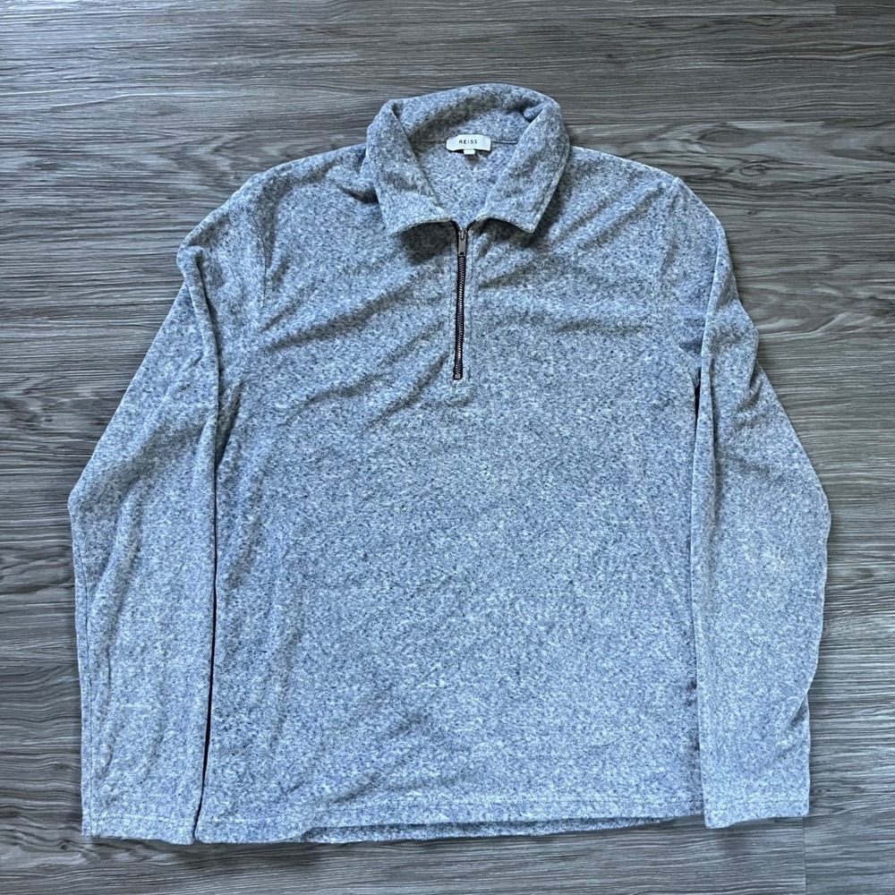 Reiss Oakwood Mens Medium Grey Marl Terry Towelling Quarter Zip Pullover Top